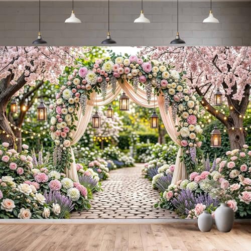 10X8ft Spring Floral Arch Backdrop, Romantic Garden Wedding Blossom Tree Scenery Photography Background for, alternate view 2
