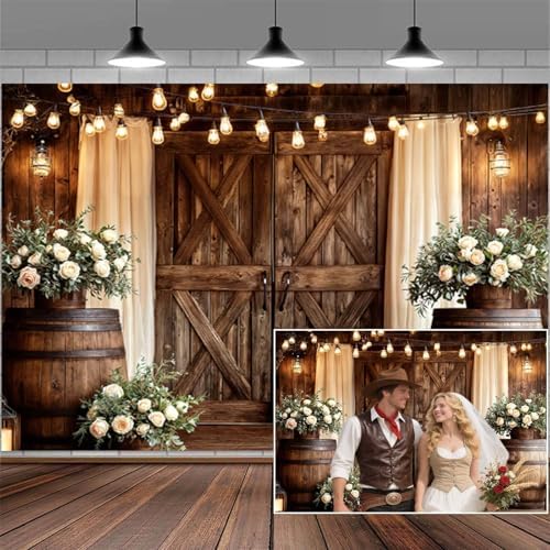 10X8FT Western Country Wedding Backdrop Rustic Barn Door White Flower Bridal Photography Backdrop Farmhouse