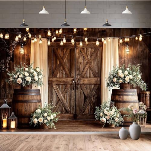 10X8FT Western Country Wedding Backdrop Rustic Barn Door White Flower Bridal Photography Backdrop Farmhouse, alternate view 3