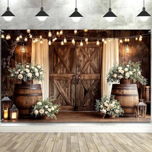 10X8FT Western Country Wedding Backdrop Rustic Barn Door White Flower Bridal Photography Backdrop Farmhouse, alternate view 4