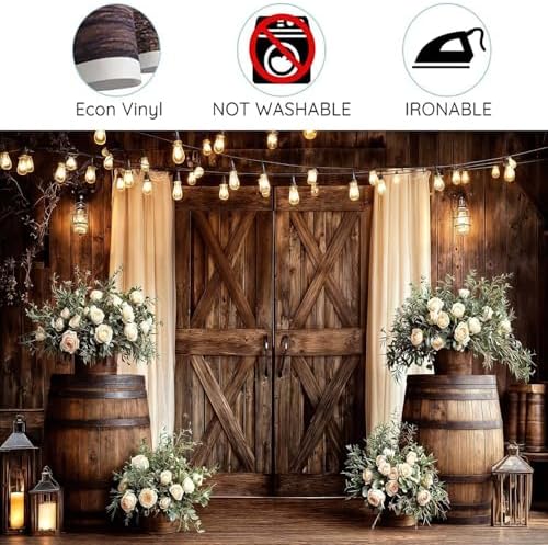 10X8FT Western Country Wedding Backdrop Rustic Barn Door White Flower Bridal Photography Backdrop Farmhouse, alternate view 6