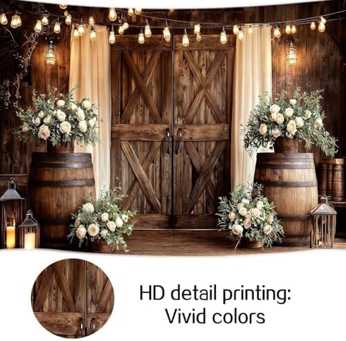 10X8FT Western Country Wedding Backdrop Rustic Barn Door White Flower Bridal Photography Backdrop Farmhouse, alternate view 7