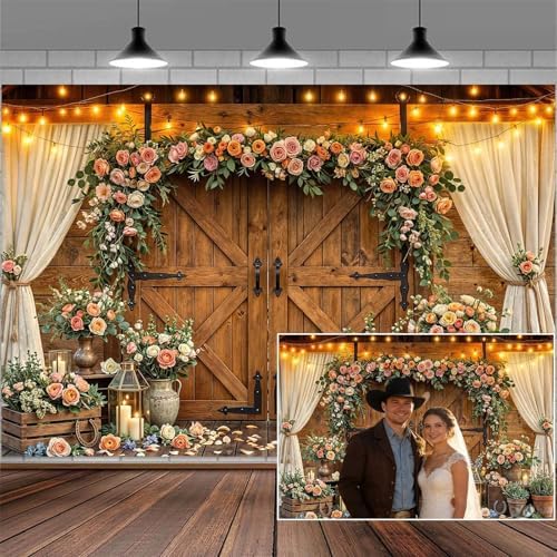 10x8ft Western Wedding Backdrop Rustic Barn Door Photography Backdrop Farmhouse Pink Flower Cabin Wooden