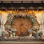 10x8ft Western Wedding Backdrop Rustic Barn Door Photography Backdrop Farmhouse Pink Flower Cabin Wooden, alternate view 2