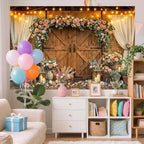10x8ft Western Wedding Backdrop Rustic Barn Door Photography Backdrop Farmhouse Pink Flower Cabin Wooden, alternate view 3