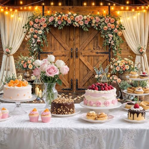 10x8ft Western Wedding Backdrop Rustic Barn Door Photography Backdrop Farmhouse Pink Flower Cabin Wooden, alternate view 4