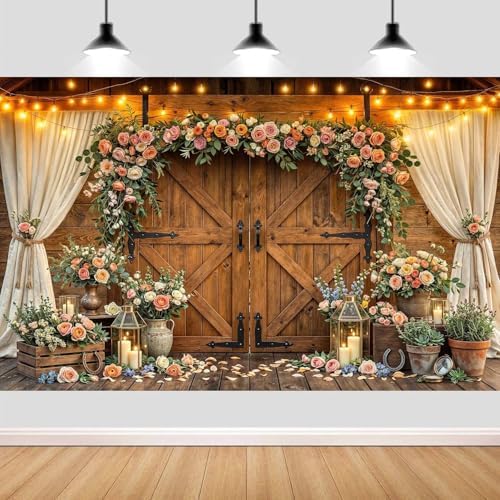 10x8ft Western Wedding Backdrop Rustic Barn Door Photography Backdrop Farmhouse Pink Flower Cabin Wooden, alternate view 5