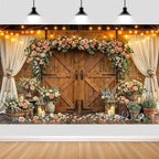 10x8ft Western Wedding Backdrop Rustic Barn Door Photography Backdrop Farmhouse Pink Flower Cabin Wooden, alternate view 5