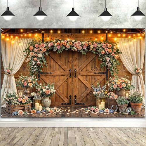 10x8ft Western Wedding Backdrop Rustic Barn Door Photography Backdrop Farmhouse Pink Flower Cabin Wooden, alternate view 6
