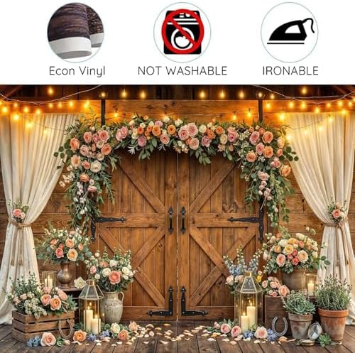 10x8ft Western Wedding Backdrop Rustic Barn Door Photography Backdrop Farmhouse Pink Flower Cabin Wooden, alternate view 7