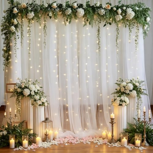 10x8ft White Backdrop Curtain with Lights String for Parites, Sheer Tulle Curtains Photo Backdrop Drapes for