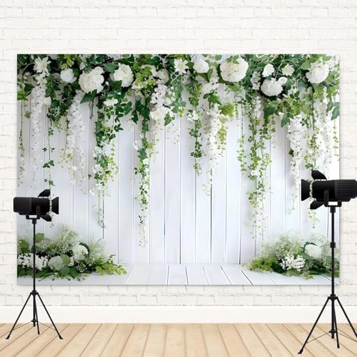 10x8ft White Flower Backdrop Green Leaves Wedding Bridal Shower Photography Background Floral Rustic Wood Wall, alternate