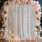 10x8ft White Tulle Backdrop Curtain with Lights String for Parites, Sheer Photo Backdrop Curtains with Lights