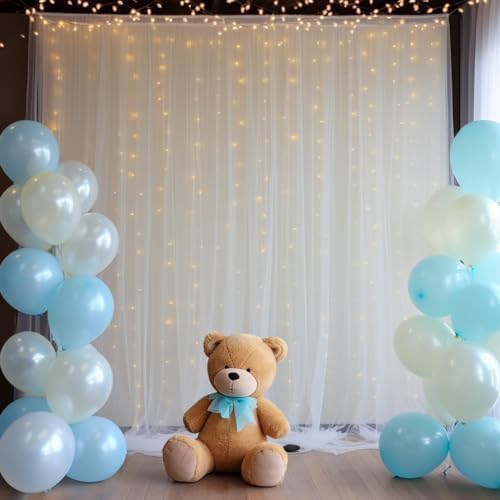 10x8ft White Tulle Backdrop Curtain with Lights String for Parites, Sheer Photo Backdrop Curtains with Lights, alternate view