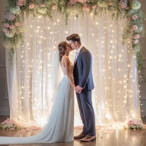 10x8ft White Tulle Backdrop Curtain with Lights String for Parites, Sheer Photo Backdrop Curtains with Lights, alternate view