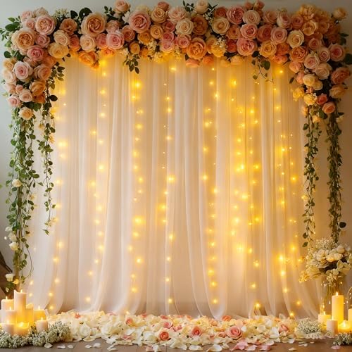 10x8ft White Tulle Backdrop Curtain with Lights String for Parites, Sheer Photo Backdrop Curtains with Lights, alternate view