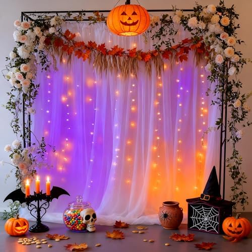 10x8ft White Tulle Backdrop Curtain with Lights String for Parites, Sheer Photo Backdrop Curtains with Lights, alternate view