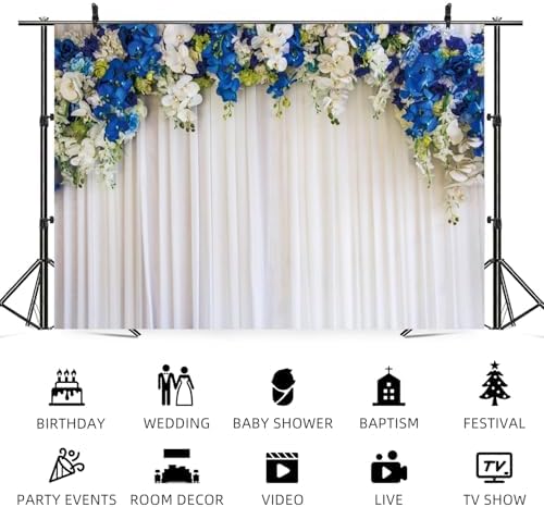 10x8ft White Wedding Backdrop White Blue Floral Flowers Photography Background Bride Groom Ceremony Party Bridal, alternate
