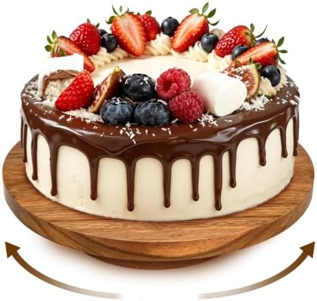 11.4 Inch Acacia Wood Rotating Cake Turntable with Smooth 360° Rotation for Cake Decorating, Serving Cakes