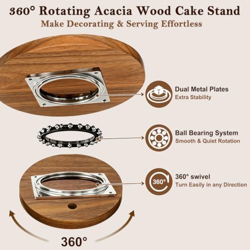 11.4 Inch Acacia Wood Rotating Cake Turntable with Smooth 360° Rotation for Cake Decorating, Serving Cakes, alternate view 3
