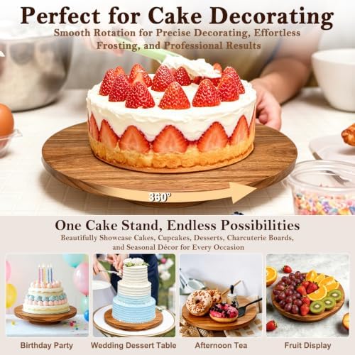 11.4 Inch Acacia Wood Rotating Cake Turntable with Smooth 360° Rotation for Cake Decorating, Serving Cakes, alternate view 4
