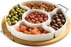 11 Inch Ceramic Divided Serving Dishes with Bamboo Platter, Appetizer Tray 5 Removable Snacks Bowls for Candy