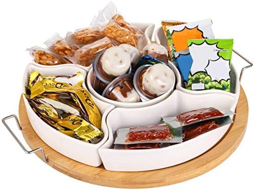 11 Inch Ceramic Divided Serving Dishes with Bamboo Platter, Appetizer Tray 5 Removable Snacks Bowls for Candy, alternate view