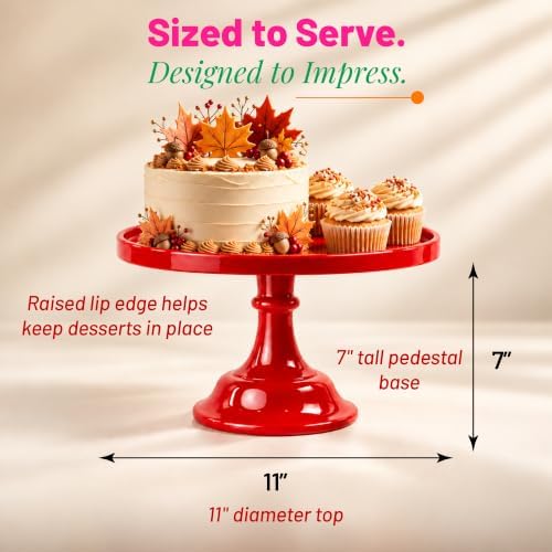 11-Inch Red Cake Stand Premium Melamine Dessert Display Reusable Serving in Red, alternate view 2