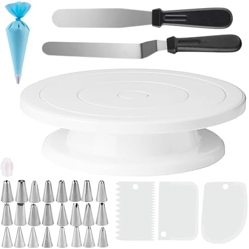 11 Inch Revolving Cake Stand Turntable, Cake Decorating Kit with 24 Icing Piping Tips, 3 Scrapers, 2 Spatulas, 1