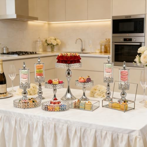 11 Pcs Crystal Silver Cake Stand Set, Elegant Dessert Display Cake Stands Tray Round Silver Cupcake Stand with, alternate