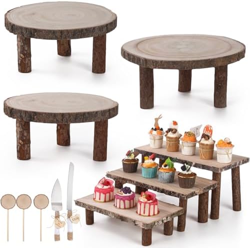 11 Pcs Wood Cake Stand Rectangular Round Rustic Wedding Cake Holder Tray with Wooden Slice Toppers and Cutter