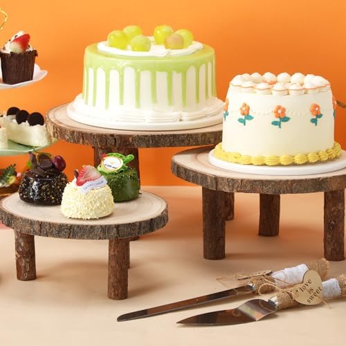 11 Pcs Wood Cake Stand Rectangular Round Rustic Wedding Cake Holder Tray with Wooden Slice Toppers and Cutter, alternate view