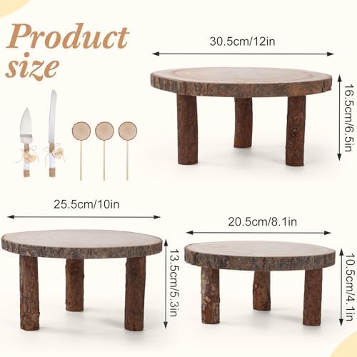 11 Pcs Wood Cake Stand Rectangular Round Rustic Wedding Cake Holder Tray with Wooden Slice Toppers and Cutter, alternate view