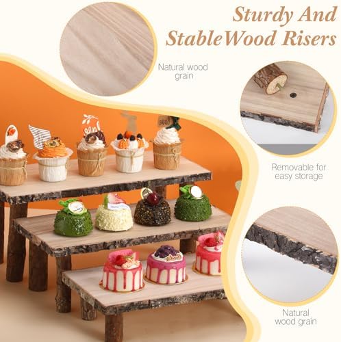 11 Pcs Wood Cake Stand Rectangular Round Rustic Wedding Cake Holder Tray with Wooden Slice Toppers and Cutter, alternate view