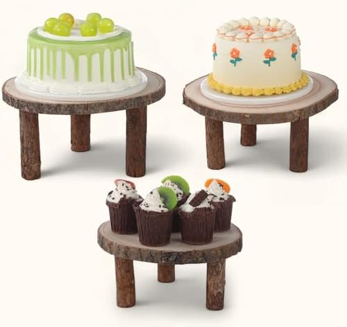 11 Pcs Wood Cake Stand Rectangular Round Rustic Wedding Cake Holder Tray with Wooden Slice Toppers and Cutter, alternate view