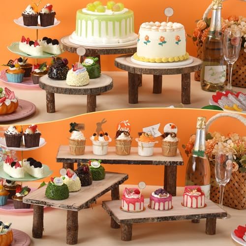 11 Pcs Wood Cake Stand Rectangular Round Rustic Wedding Cake Holder Tray with Wooden Slice Toppers and Cutter, alternate view