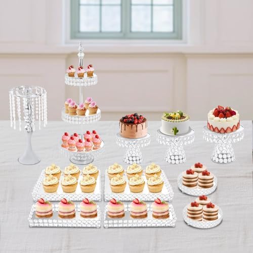 11 Pieces Silver Iron Crystal Cake Stand Sets for Celebrations Decorations in Silver, alternate view 2
