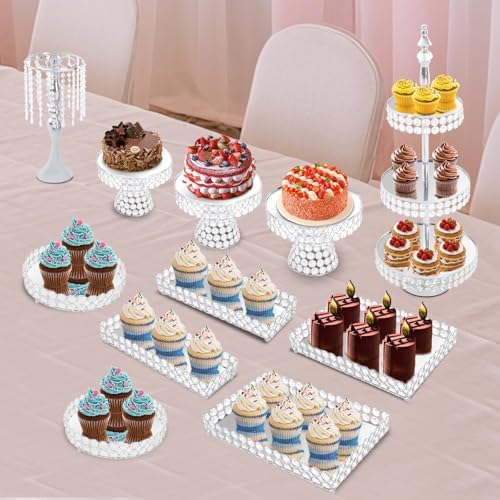 11 Pieces Silver Iron Crystal Cake Stand Sets for Celebrations Decorations in Silver, alternate view 7