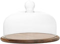 11" Wood Cake Stand with Glass Dome Lid - Rustic Cake Plate with Cover for Dessert Display, Birthday, Wedding