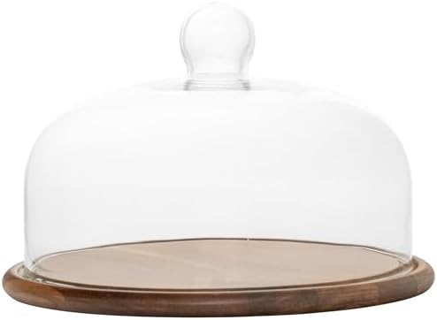 11" Wood Cake Stand with Glass Dome Lid - Rustic Cake Plate with Cover for Dessert Display, Birthday, Wedding