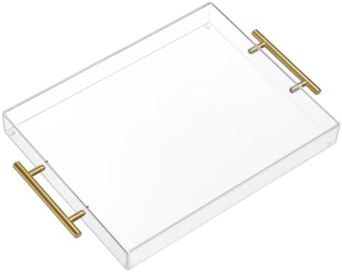 11"x14" Clear Acrylic Serving Tray with Golden Handles, Sturdy Huge Capacity Acrylic Tray for Coffee, Juice