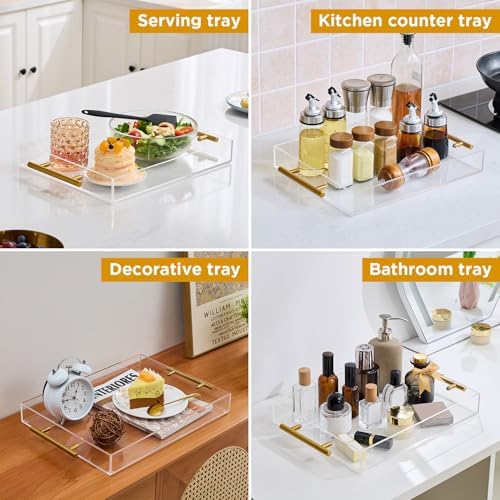 11"x14" Clear Acrylic Serving Tray with Golden Handles, Sturdy Huge Capacity Acrylic Tray for Coffee, Juice, alternate view 3