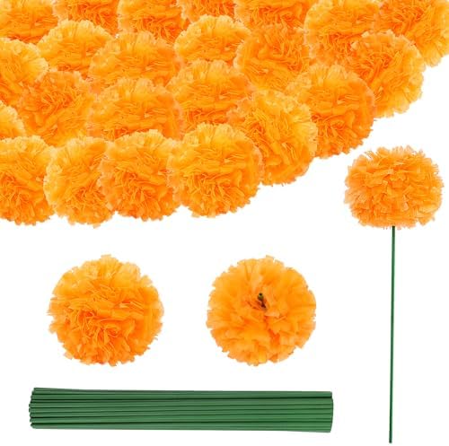 110PCS Diwali Marigold Flower Heads with Stems, Artificial Marigold Flowers for Indian Wedding, Orange