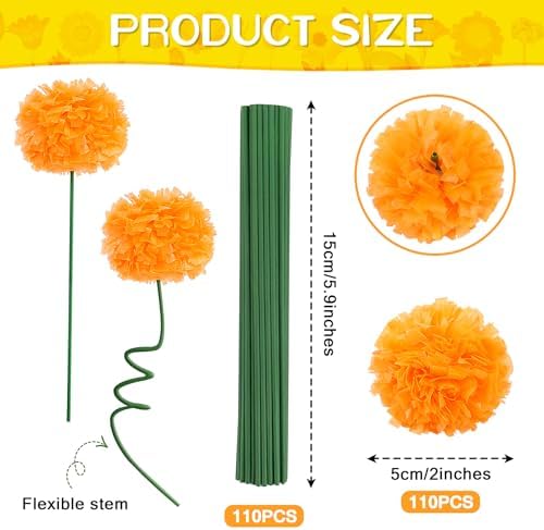 110PCS Diwali Marigold Flower Heads with Stems, Artificial Marigold Flowers for Indian Wedding, Orange, alternate view 2