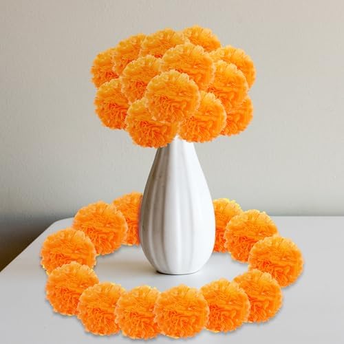 110PCS Diwali Marigold Flower Heads with Stems, Artificial Marigold Flowers for Indian Wedding, Orange, alternate view 3