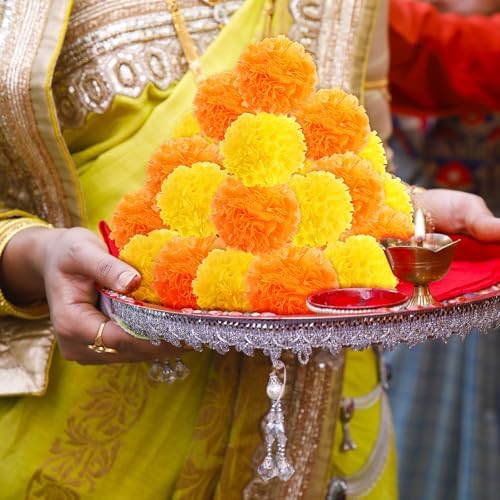 110PCS Diwali Marigold Flower Heads with Stems, Artificial Marigold Flowers for Indian Wedding, Orange, alternate view 4