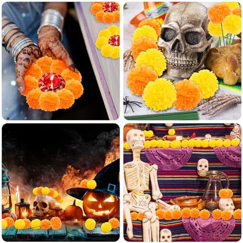 110PCS Diwali Marigold Flower Heads with Stems, Artificial Marigold Flowers for Indian Wedding, Orange, alternate view 5