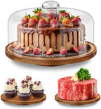 11in Acacia Wood Cake Stand with Lid, Cake Holder with Glass Dome in 1