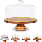 11in Acacia Wood Cake Stand with Lid, Cake Plate with Glass Dome in 1