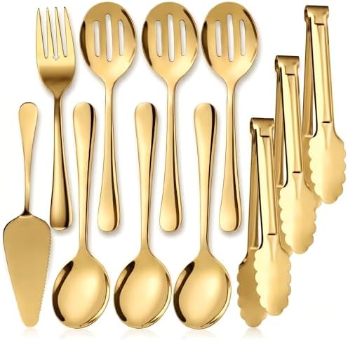 11PCS Stainless Steel Gold Serving Utensils, 8.7''Serving Spoons,8.7''Slotted Spoons, Serving Fork, 9'' Serving